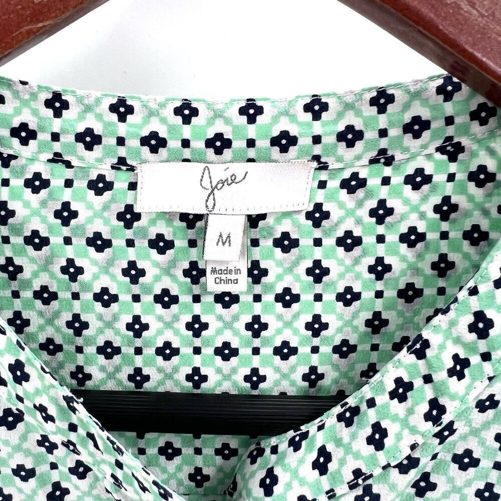 Joie Green Geometric Print Silk Long Sleeve Popover Top Blouse - Picture 4 of 5